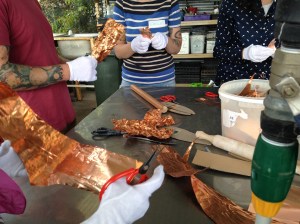 Participants cut the copper shim into leaf shapes then "crinkled" them to create interesting random textures.