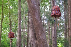 Sculptural Bells with hanging native bee habitat of bamboo and Xanthorrhoea (Grass tree)